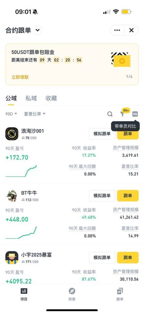 币安比特币合约跟单带单员筛选页面